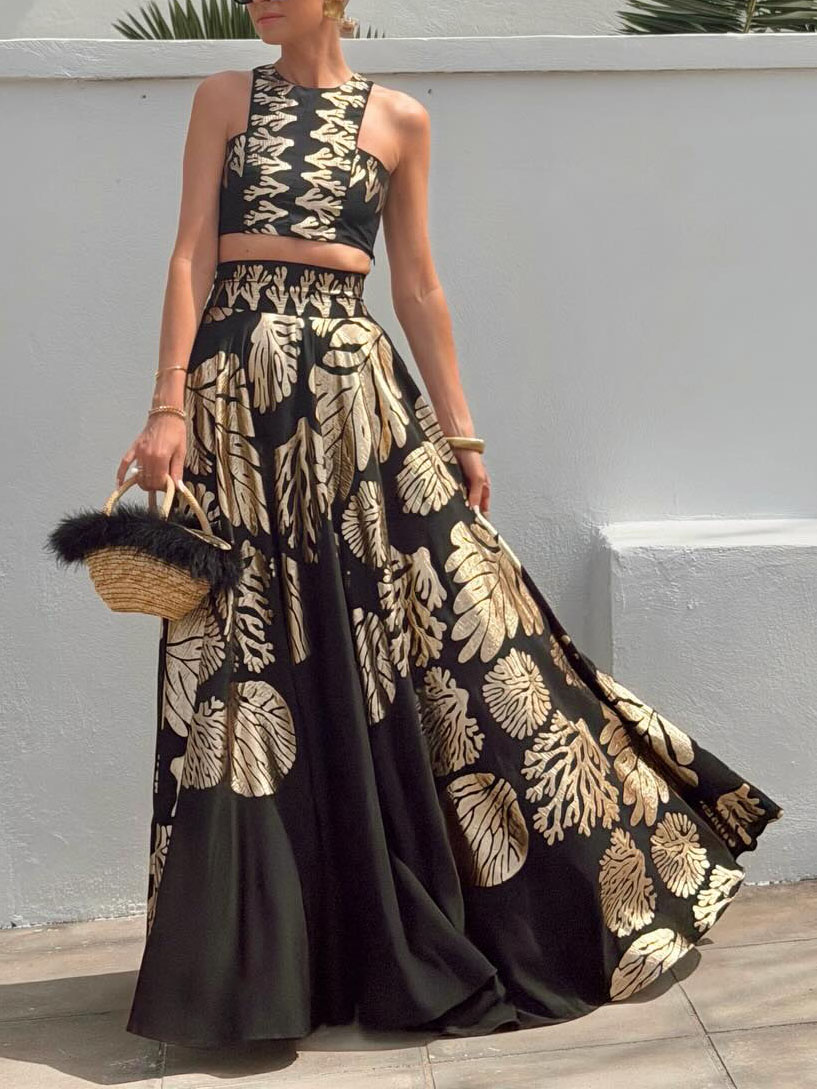 Bohemian Leaf Print Crop Top & Maxi Skirt Two-Piece Set