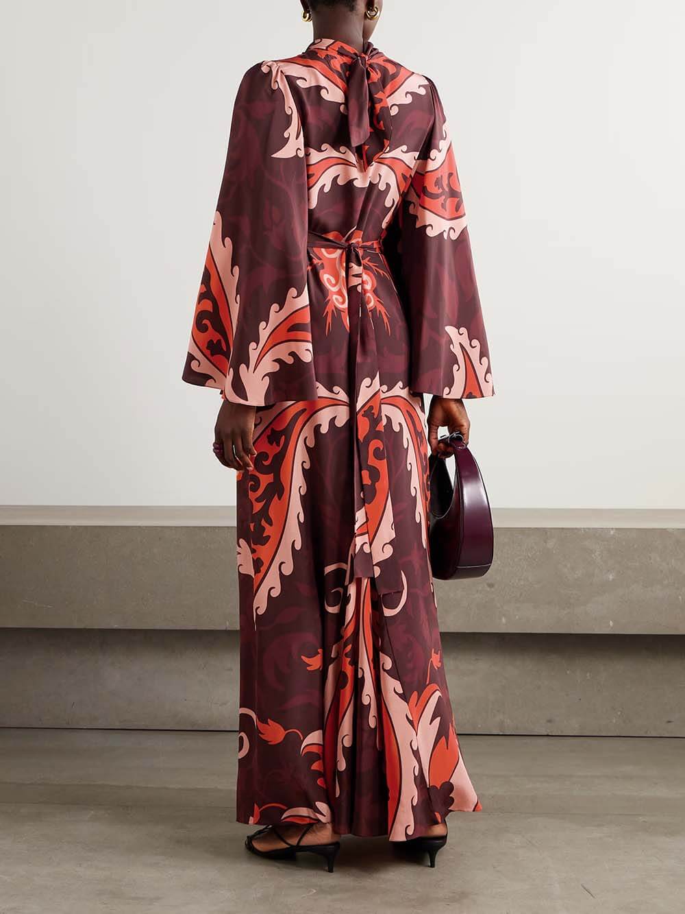 Unique Vintage Paisley Print Satin Belted Maxi Dress