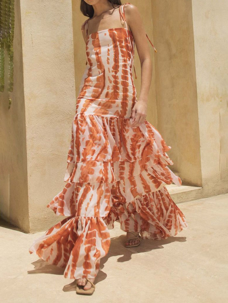 Exquisite Tie-dye Floral Print Lace-up Split Maxi Dress
