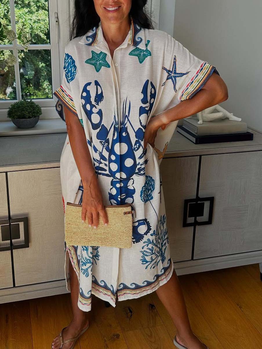 Unique Lobster Ocean Print Shirt Midi Dress