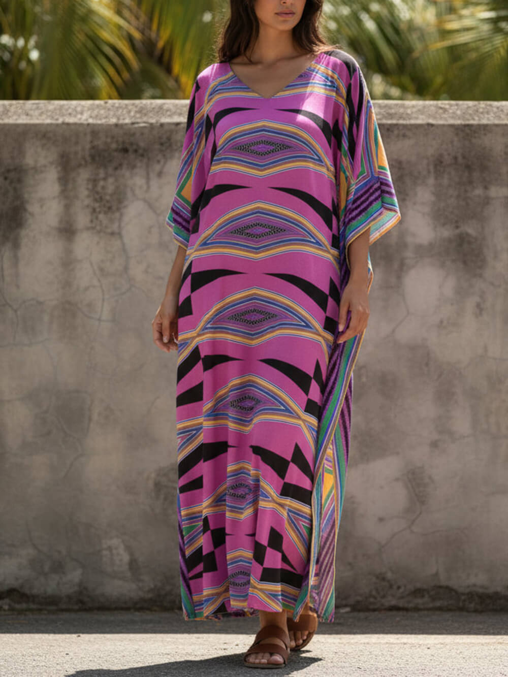Retro Diamond Print Kimono Kaftan Beachwear Maxi Dress
