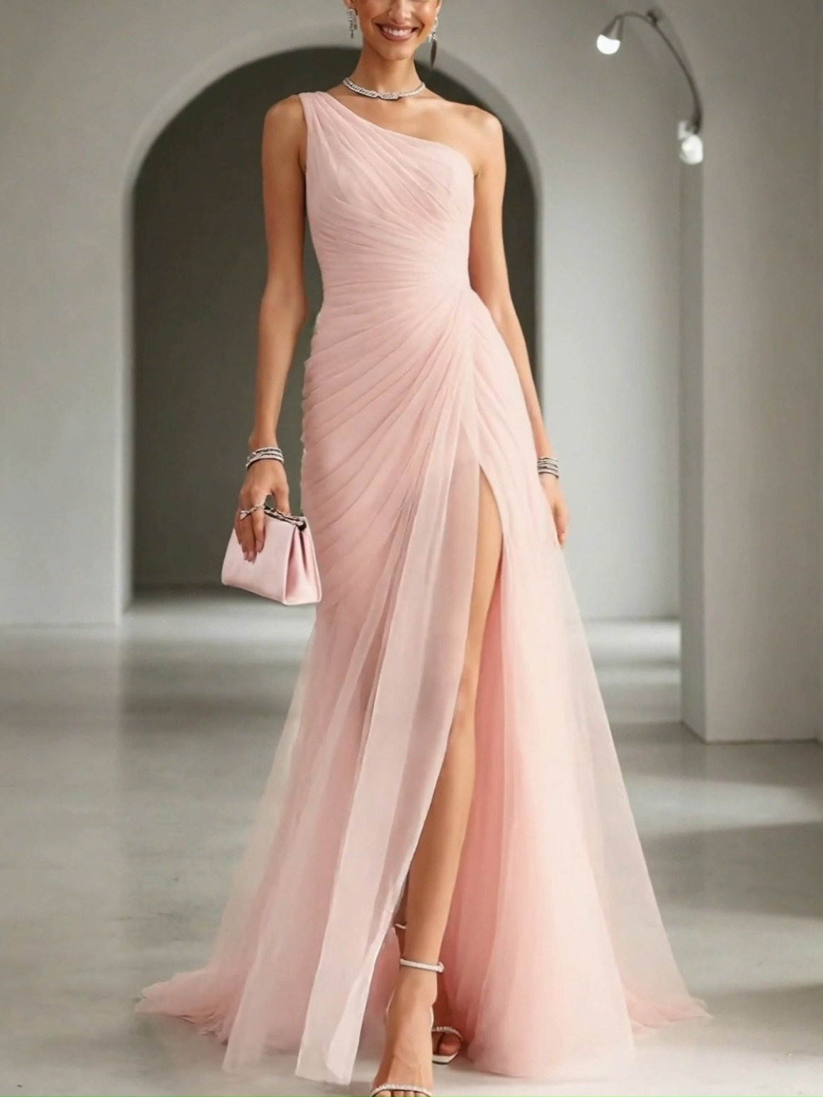 Elegant One-Shoulder Ruched Tulle High Slit Maxi Dress