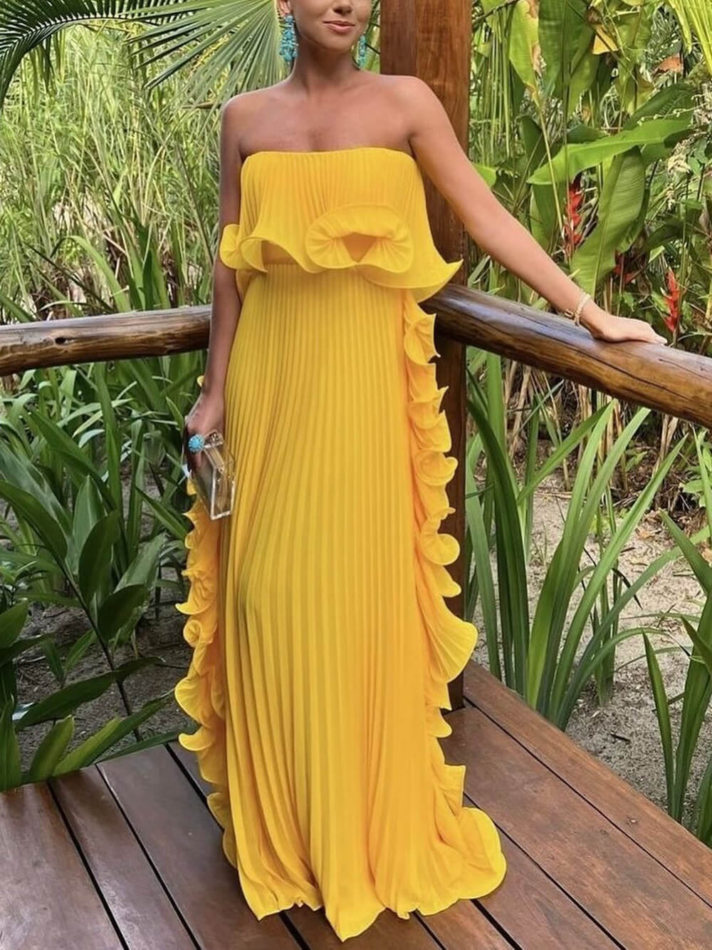 Elegant Chiffon Pleated Wavy Ruffles Trim Strapless Loose Maxi Dress
