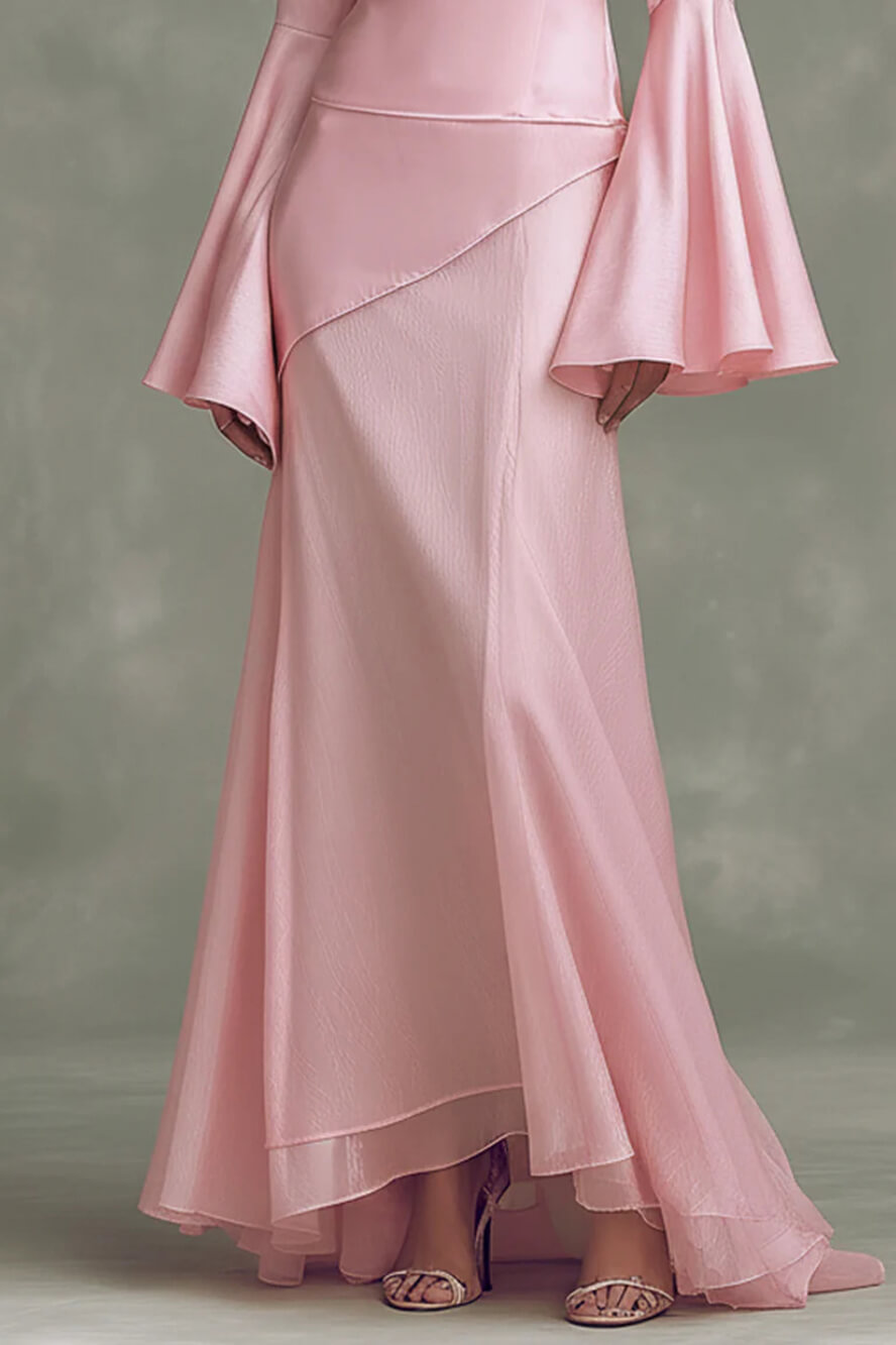 Elegant Minimalist Bell-Sleeve Satin-Panel A-Line Maxi Dress