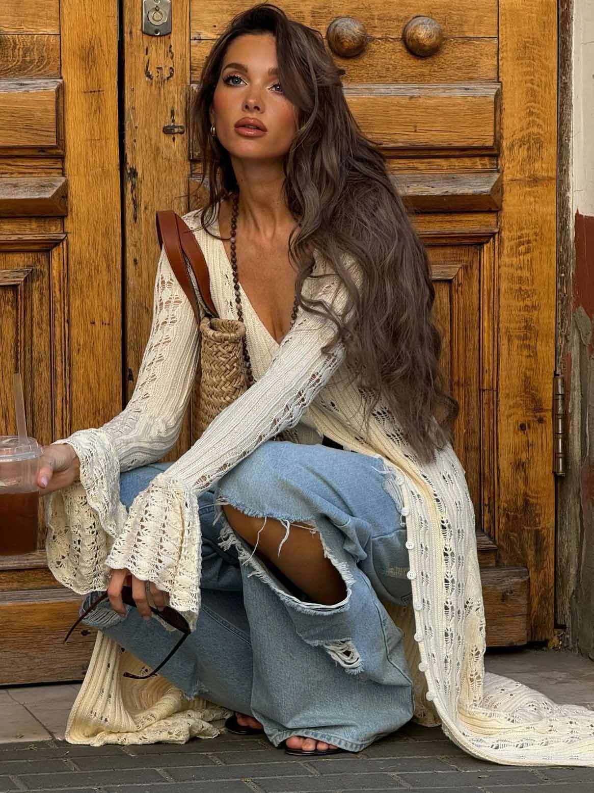 Unique Hollow Crochet Extra-Long Knitted Cardigan