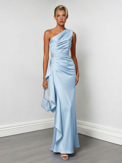 Elegant One-Shoulder Ruched Satin Maxi Dress