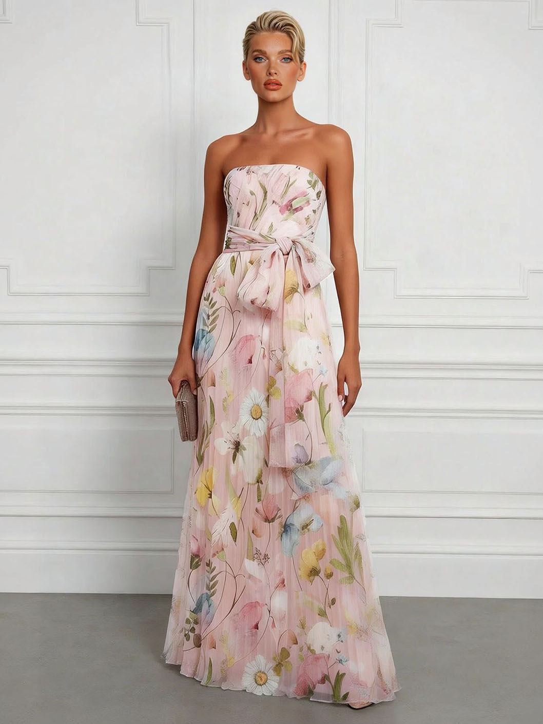 Elegant Strapless Floral Chiffon Pleated Maxi Dress With Waist Tie
