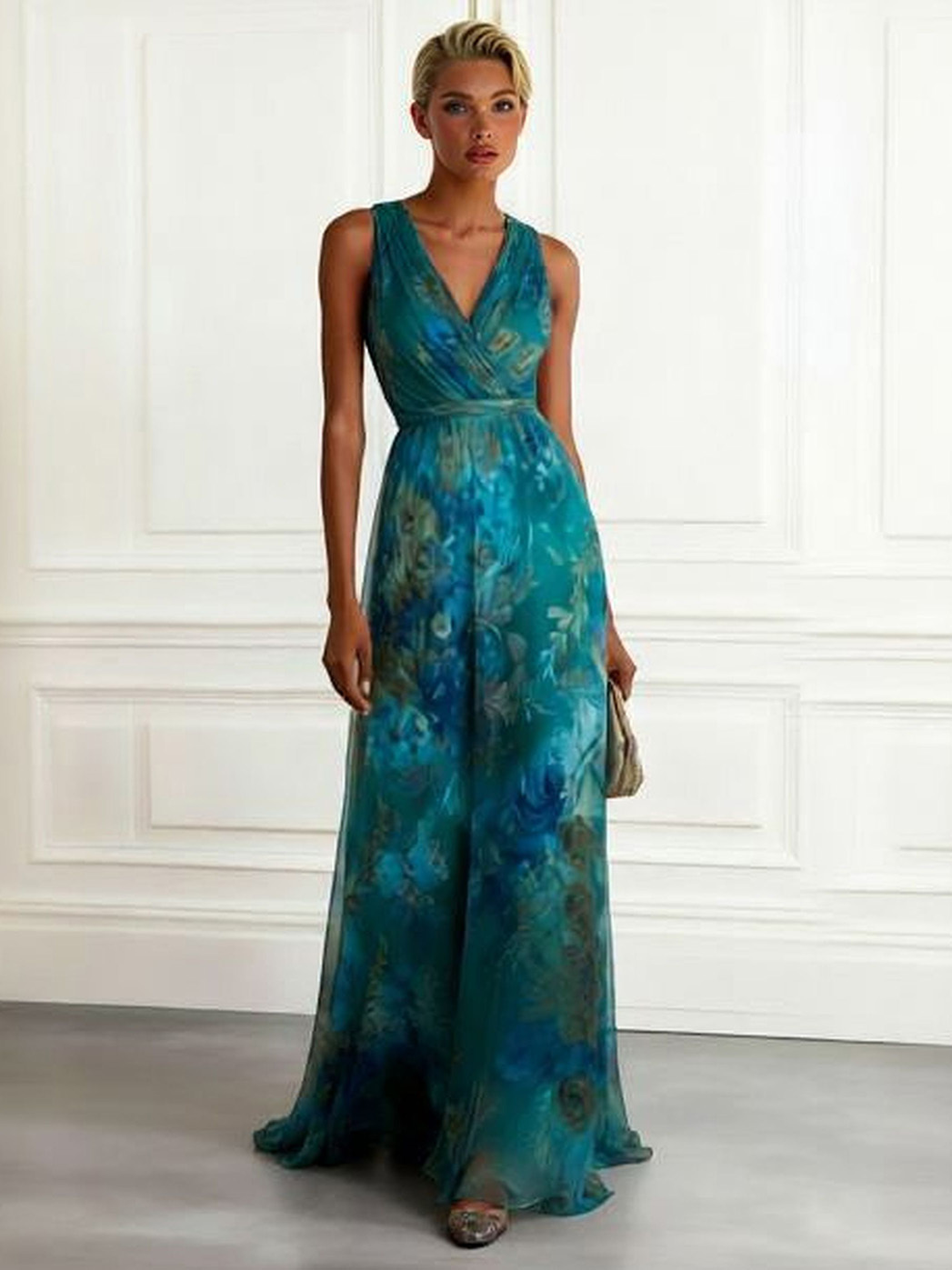 Elegant Floral Print V-Neck Sleeveless Chiffon Maxi Dress