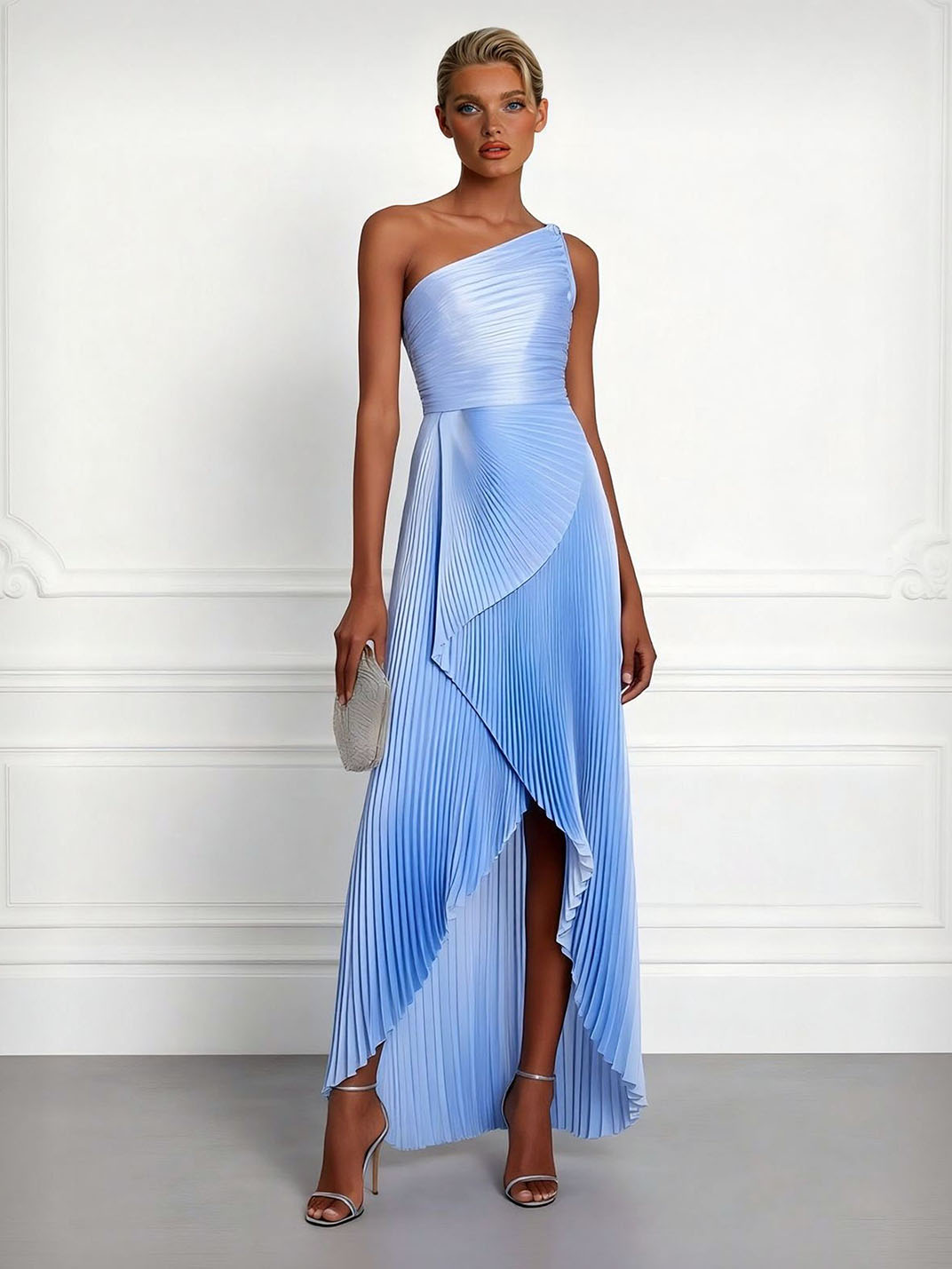 Elegant One-Shoulder Pleated Asymmetrical High-Slit Maxi Dress