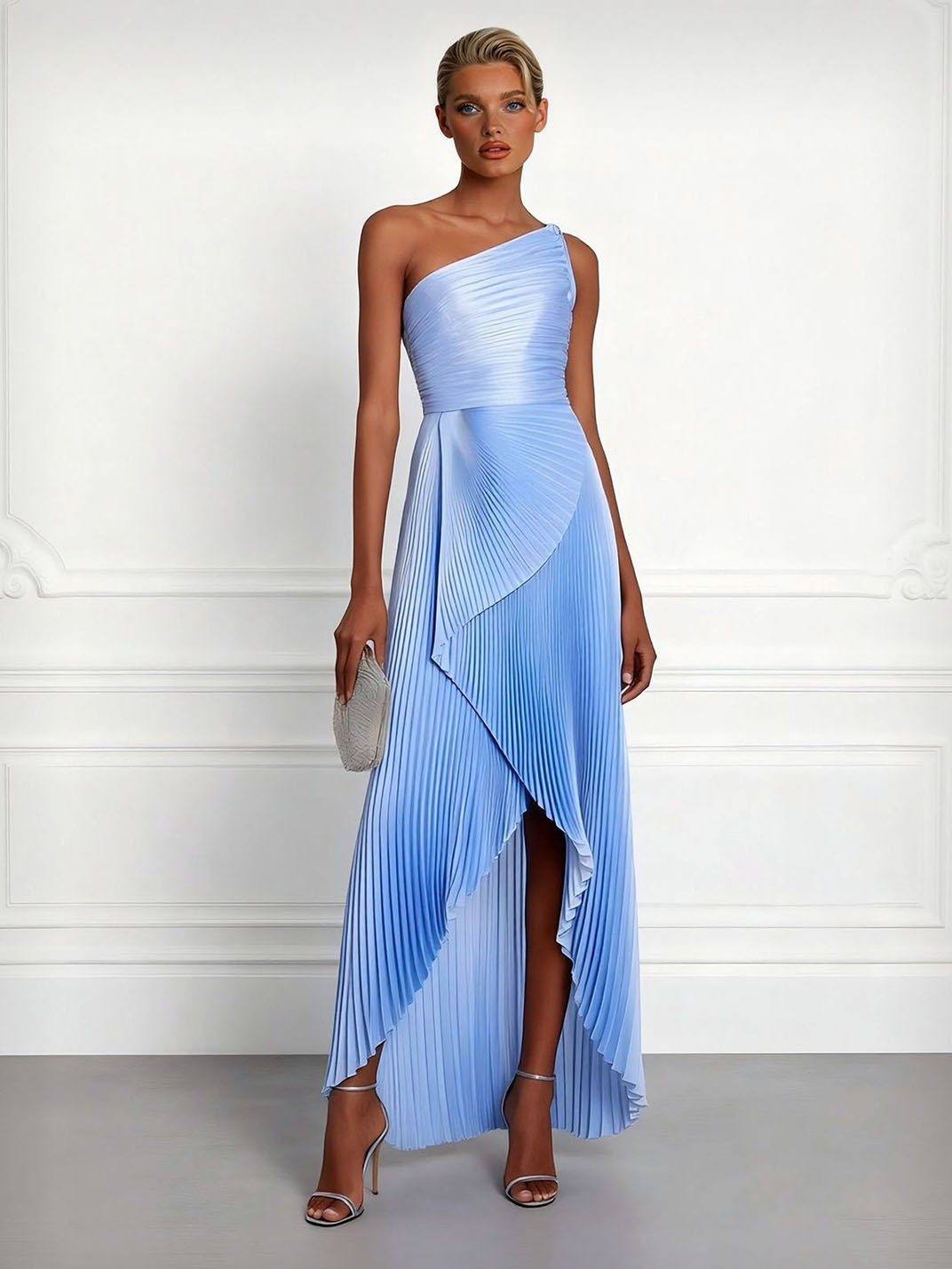 Elegant One-Shoulder Pleated Asymmetrical High-Slit Maxi Dress