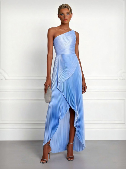 Elegant One-Shoulder Pleated Asymmetrical High-Slit Maxi Dress