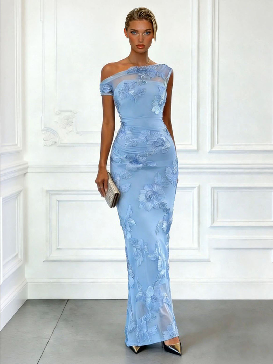 Elegant Floral Embroidered Mesh One-Shoulder Maxi Dress