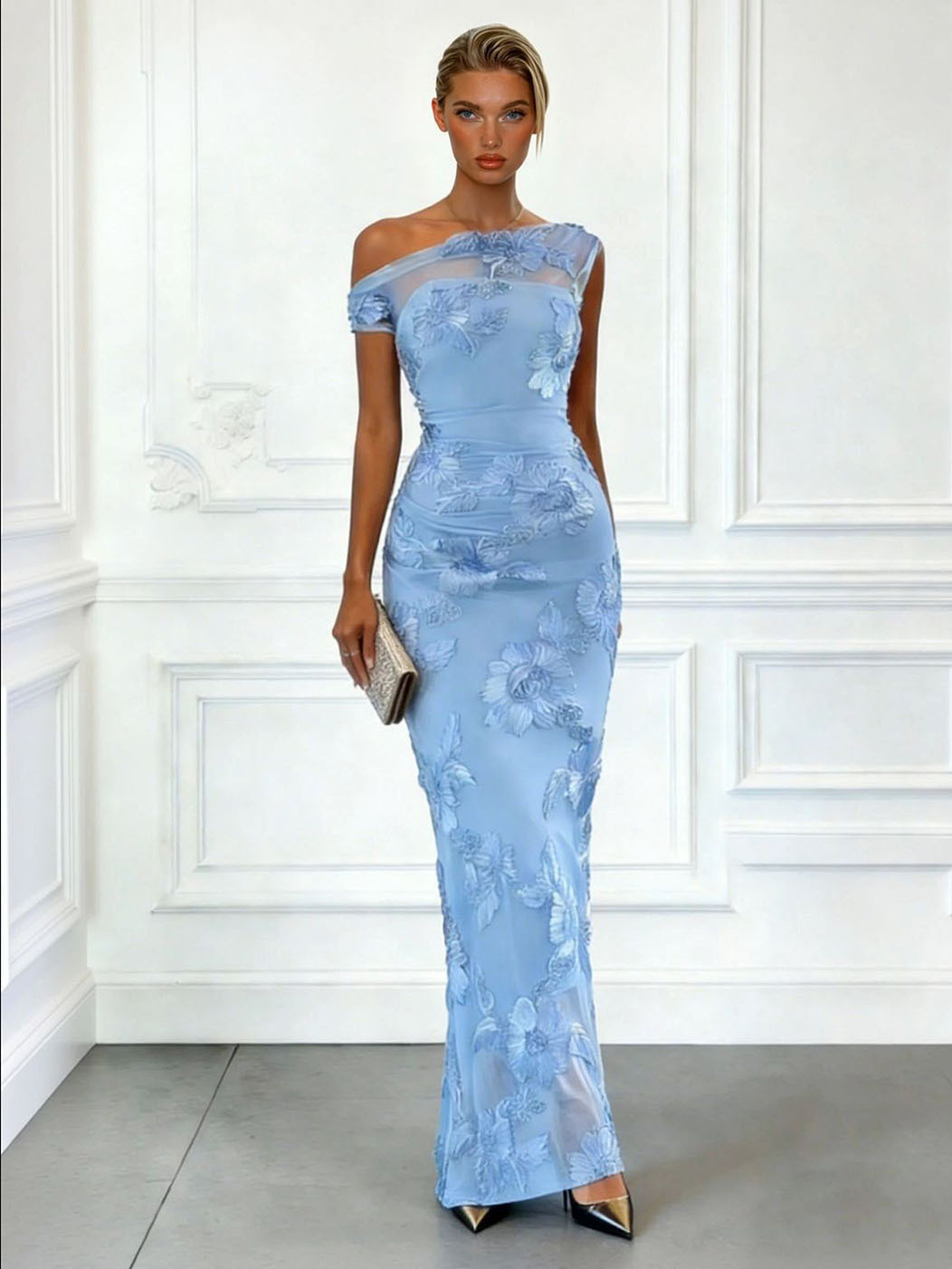 Elegant Floral Embroidered Mesh One-Shoulder Maxi Dress