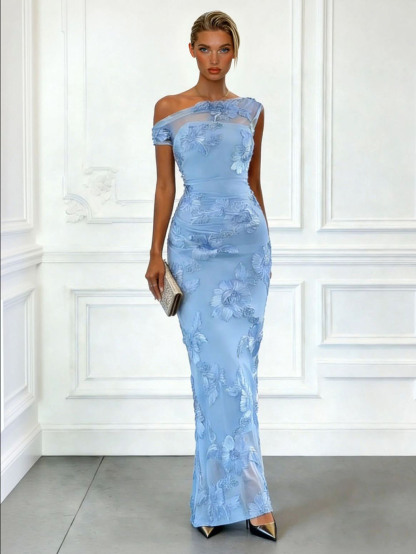 Elegant Floral Embroidered Mesh One-Shoulder Maxi Dress