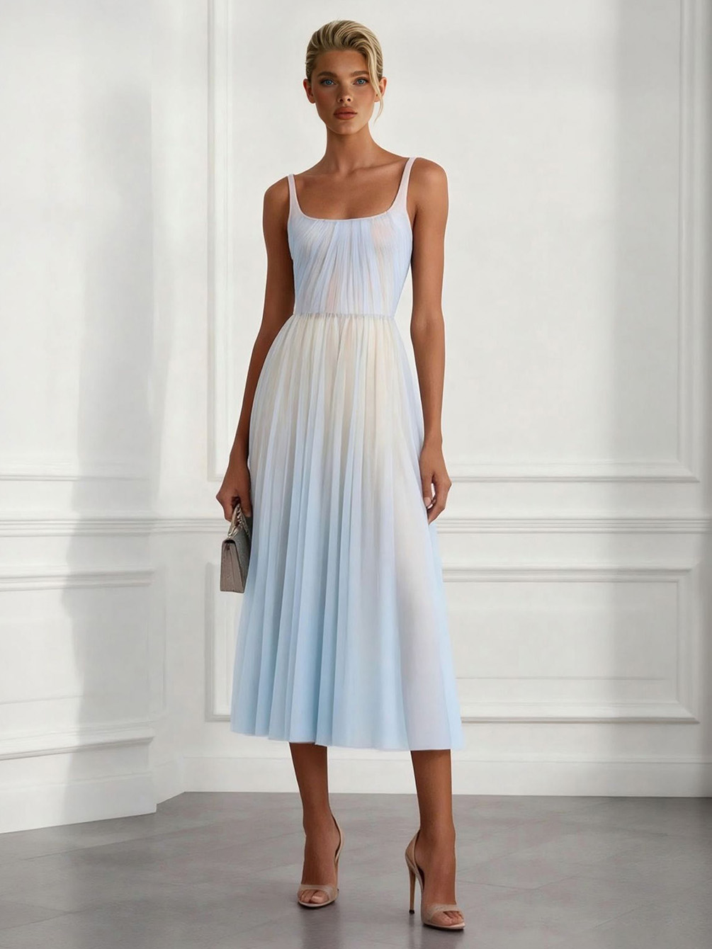Elegant Pleated Gradient Spaghetti Strap Midi Dress