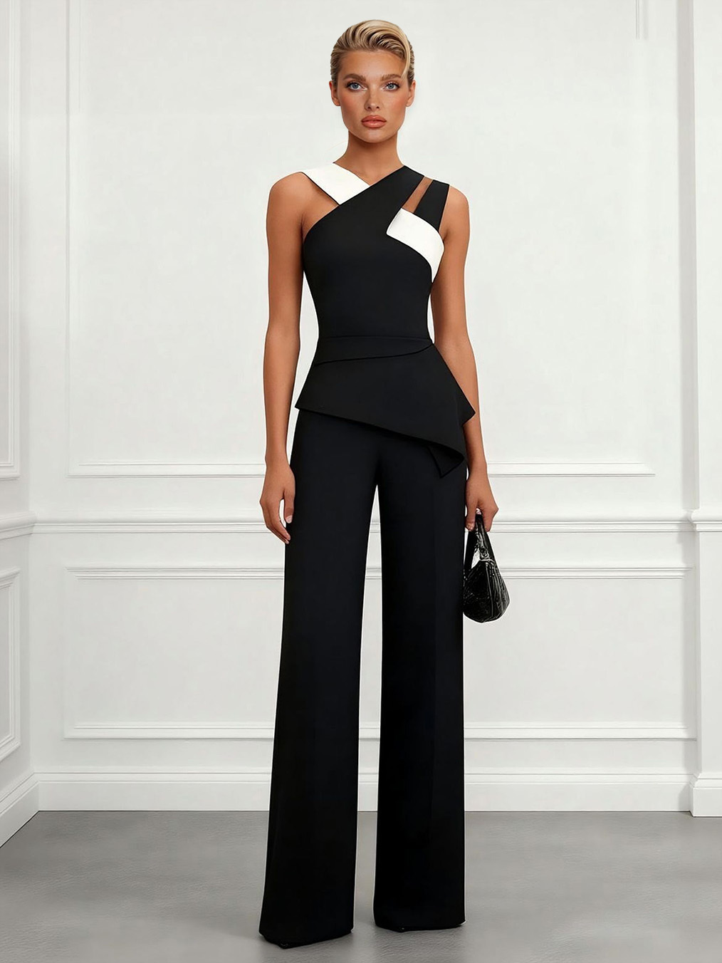 Elegant Colorblock Asymmetric Top & Wide-Leg Pants Two-Piece Set