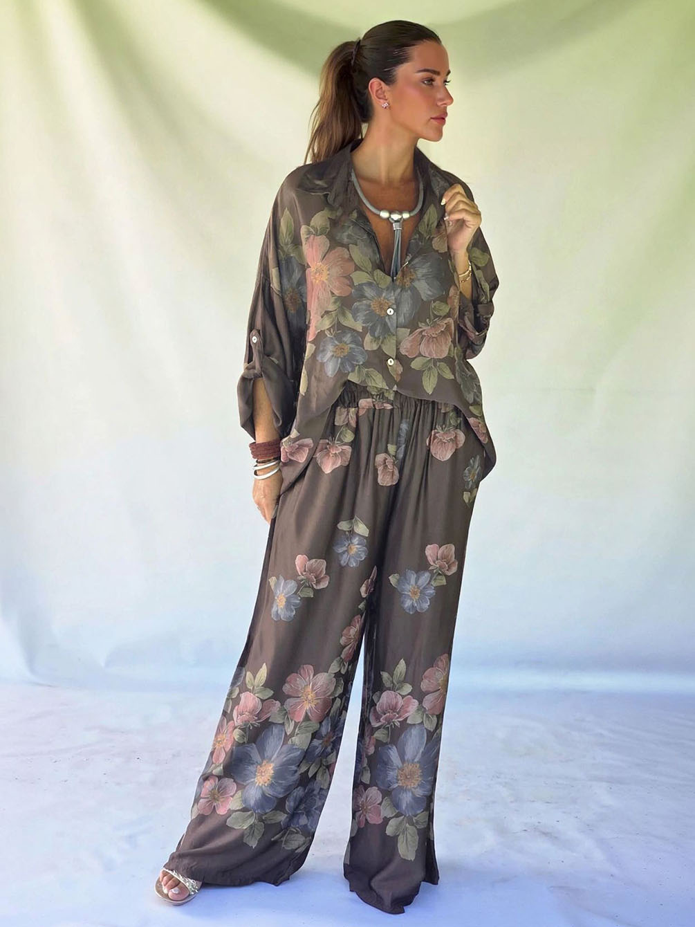 Retro Floral Print Collared Shirt & Elastic Waist Wide-Leg Pants Two-Piece Set