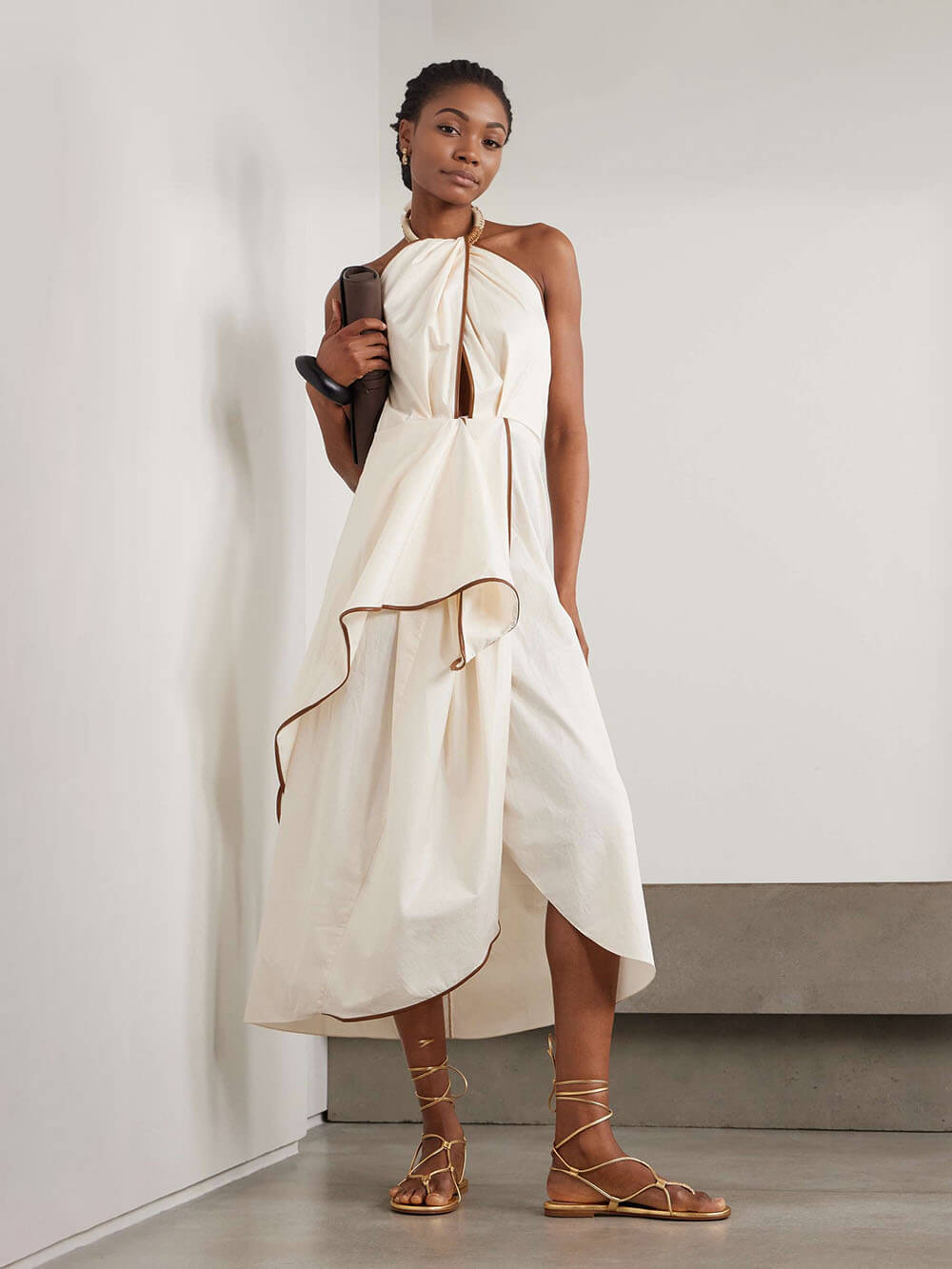 Unique Leather Trimmed Asymmetrical Backless Midi Dress