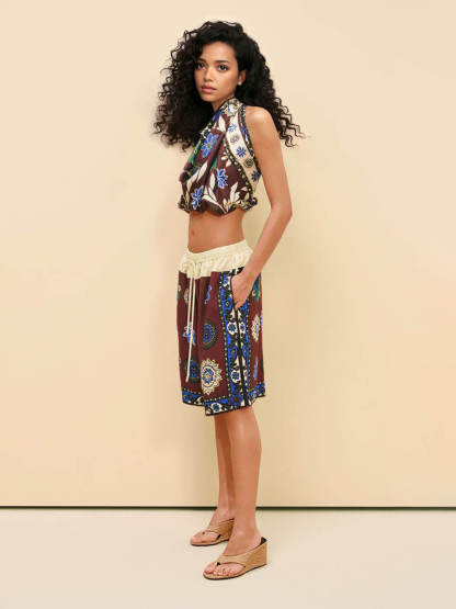 Unique Printed Bandeau Top And Drawstring Shorts Set