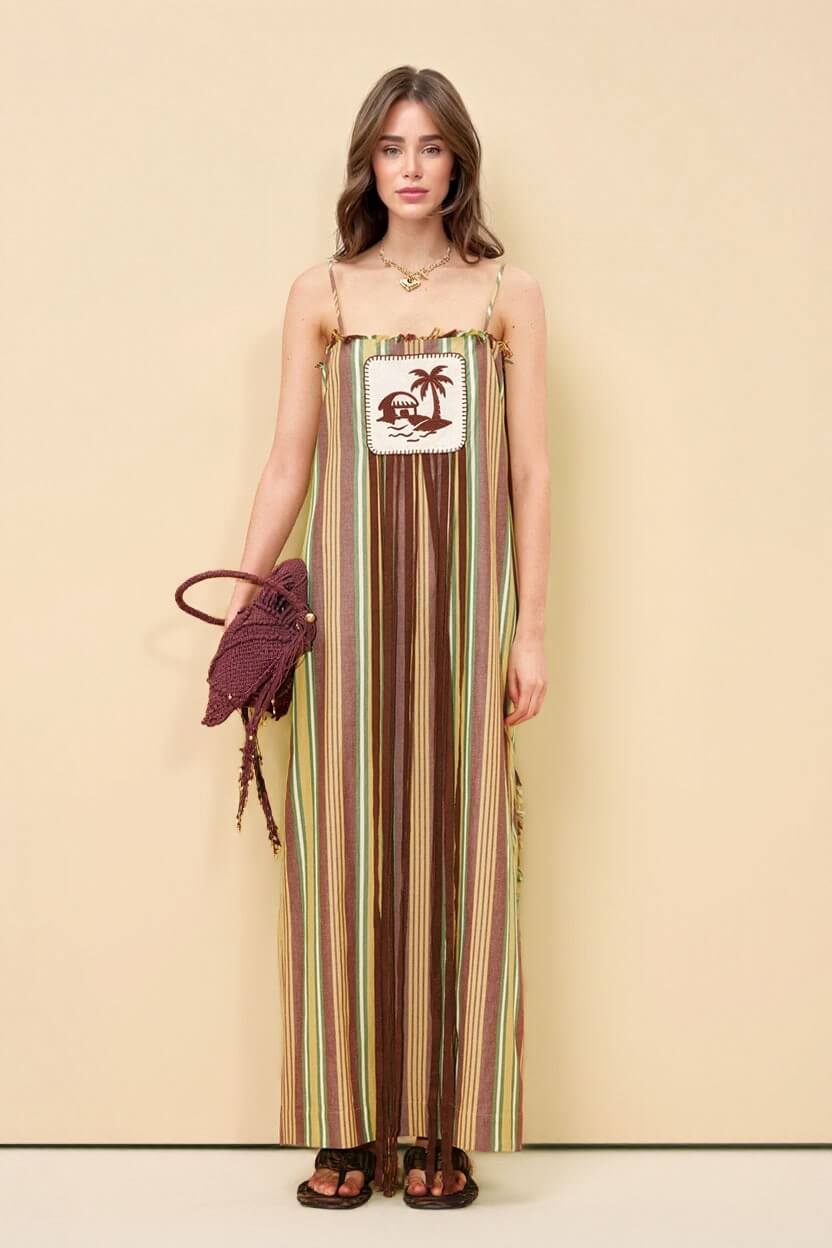 Retro Striped Palm Tree Print Spaghetti Strap Slit Maxi Dress