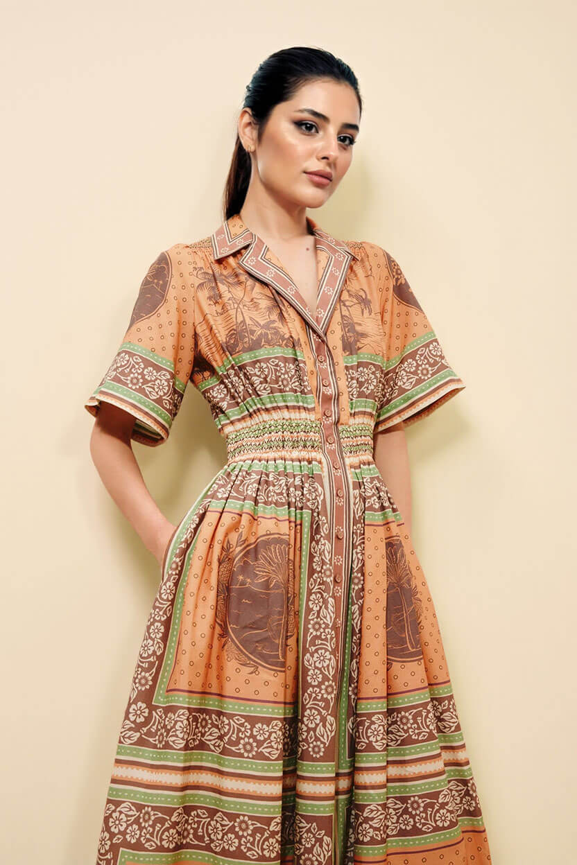 Modern Print Waist-Defined Ruched Button-Front Pocket Maxi Shirtdress