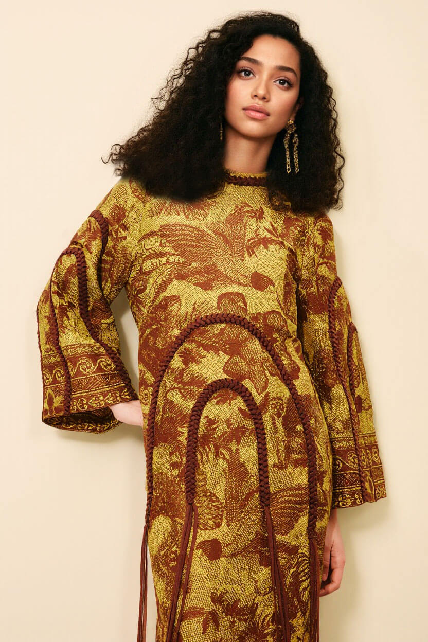 Retro Print Woven Tassel Loose Midi Dress