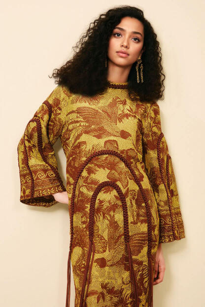 Retro Print Woven Tassel Loose Midi Dress