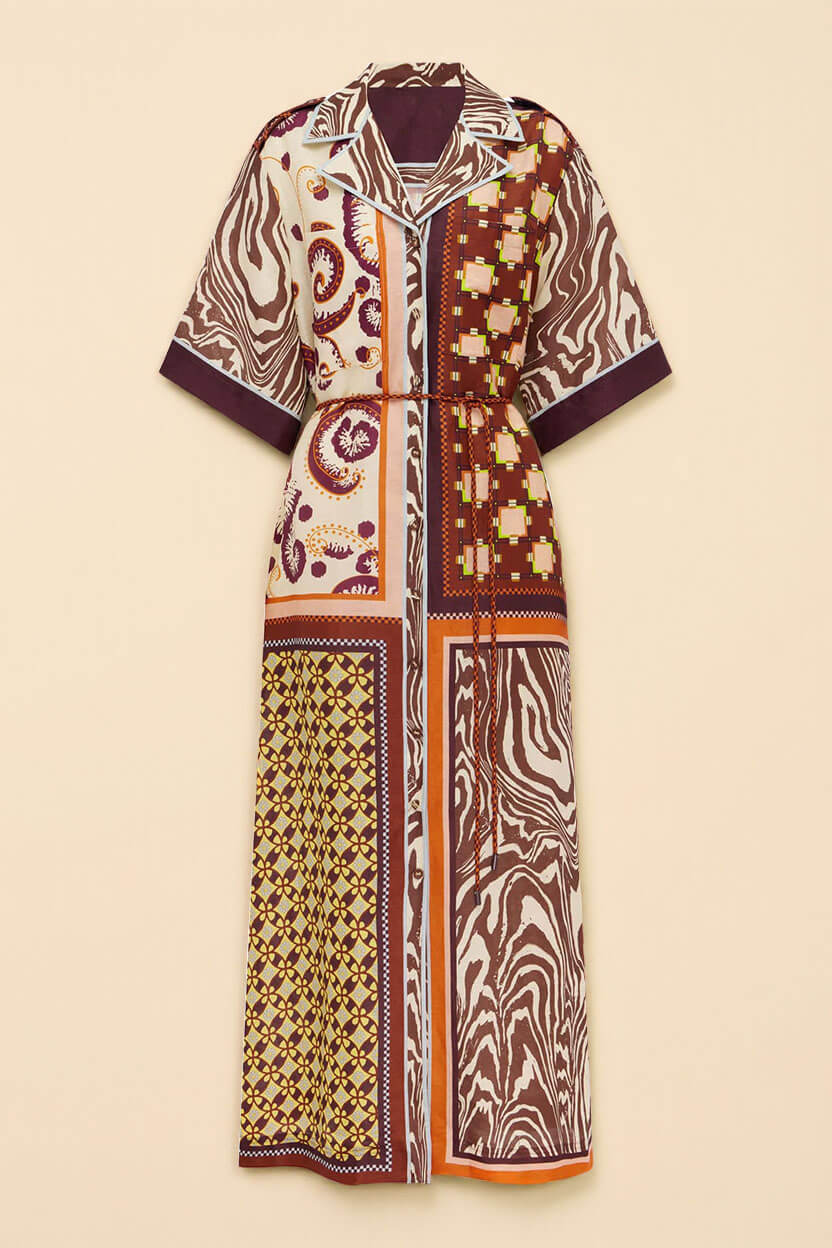 Unique Color-Block Print Side Pocket Loose Maxi Shirtdress