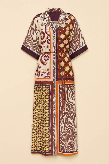 Unique Color-Block Print Side Pocket Loose Maxi Shirtdress