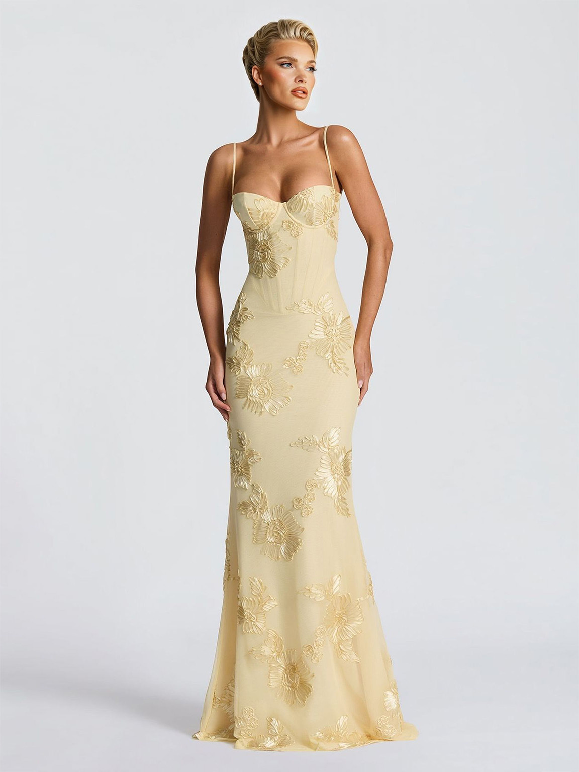 Elegant Floral Embroidered Spaghetti Strap Mermaid Maxi Dress