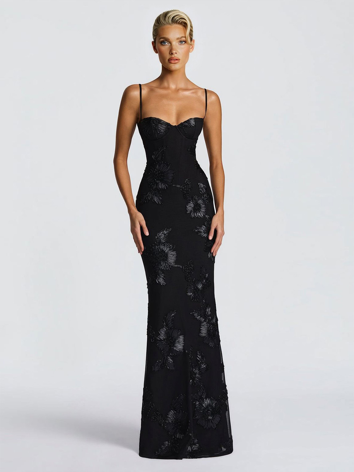 Elegant Floral Embroidered Spaghetti Strap Mermaid Maxi Dress