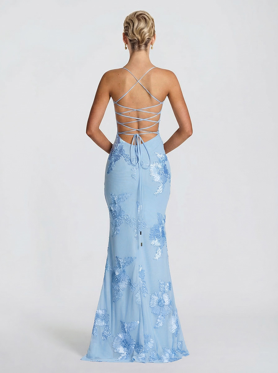 Elegant Floral Embroidered Spaghetti Strap Mermaid Maxi Dress
