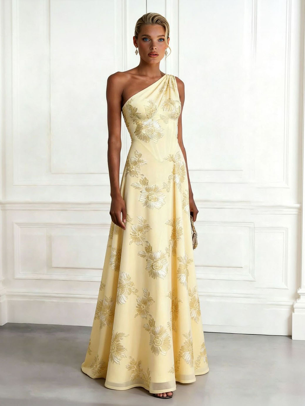 Elegant One-Shoulder Floral Embroidered Maxi Dress