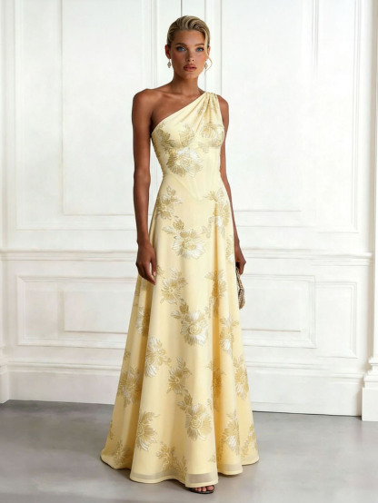 Elegant One-Shoulder Floral Embroidered Maxi Dress