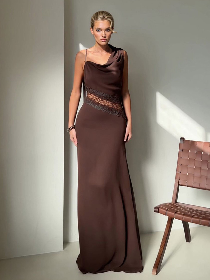 Elegant Lace Panel Draped Neck Sleeveless Maxi Dress