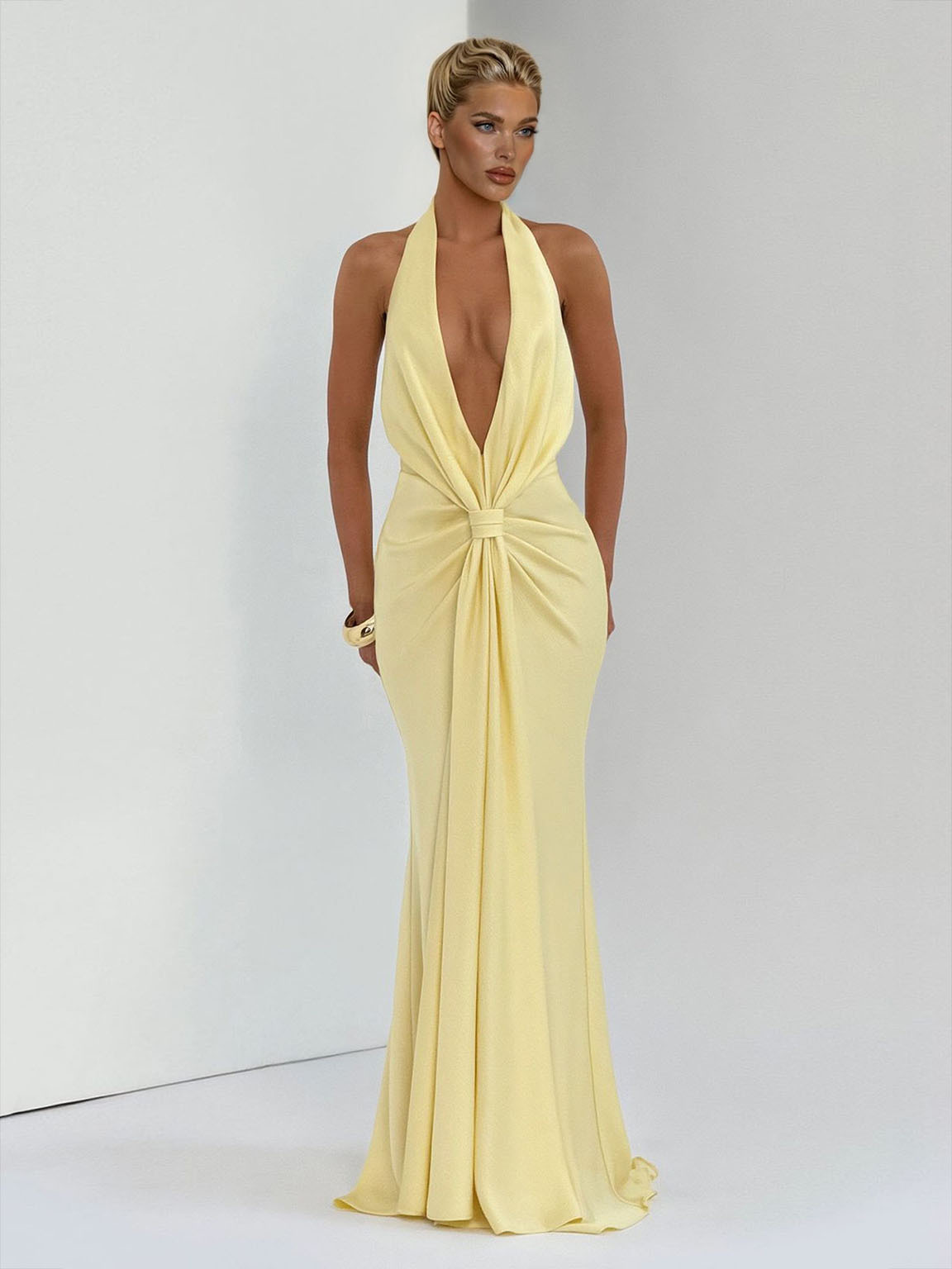 Elegant Backless Twist Front Satin Maxi Dress
