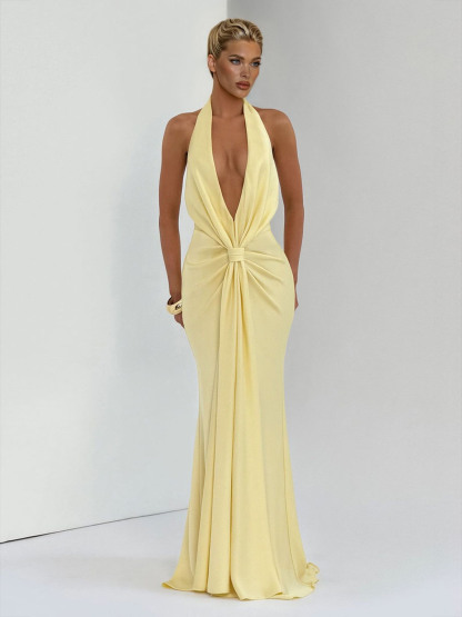 Elegant Backless Twist Front Satin Maxi Dress