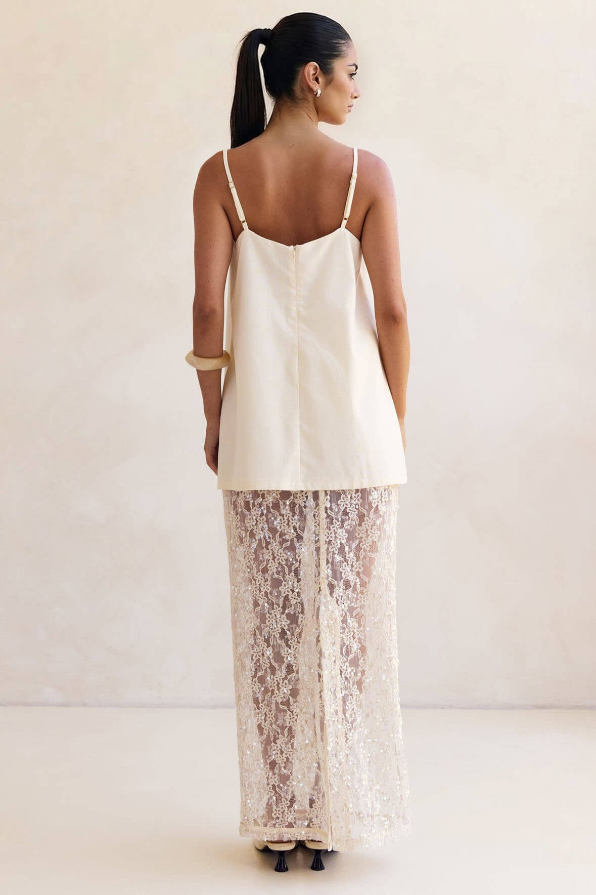 Elegant Off-Shoulder Strap A-Line Top Sheer Sequin Lace High-Waist Maxi Skirt Set