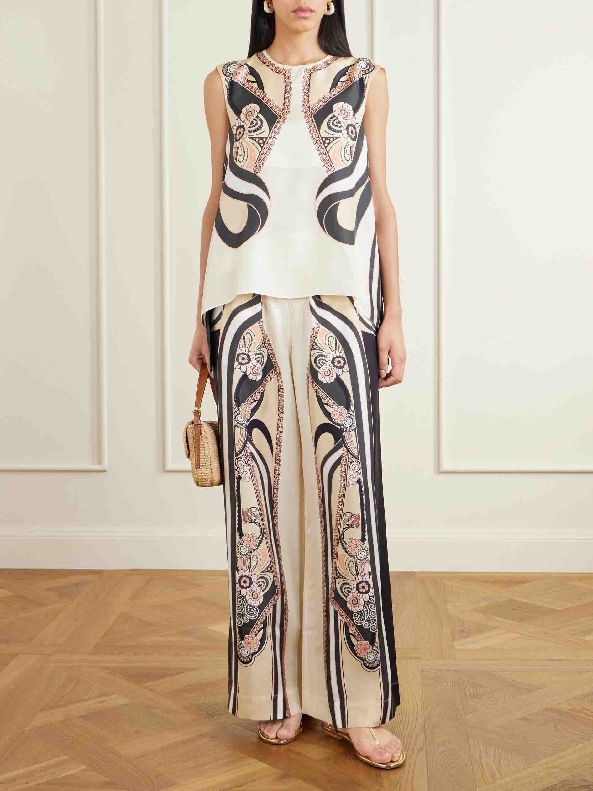 Elegant Satin Abstract Print Sleeveless Top Two-piece Set