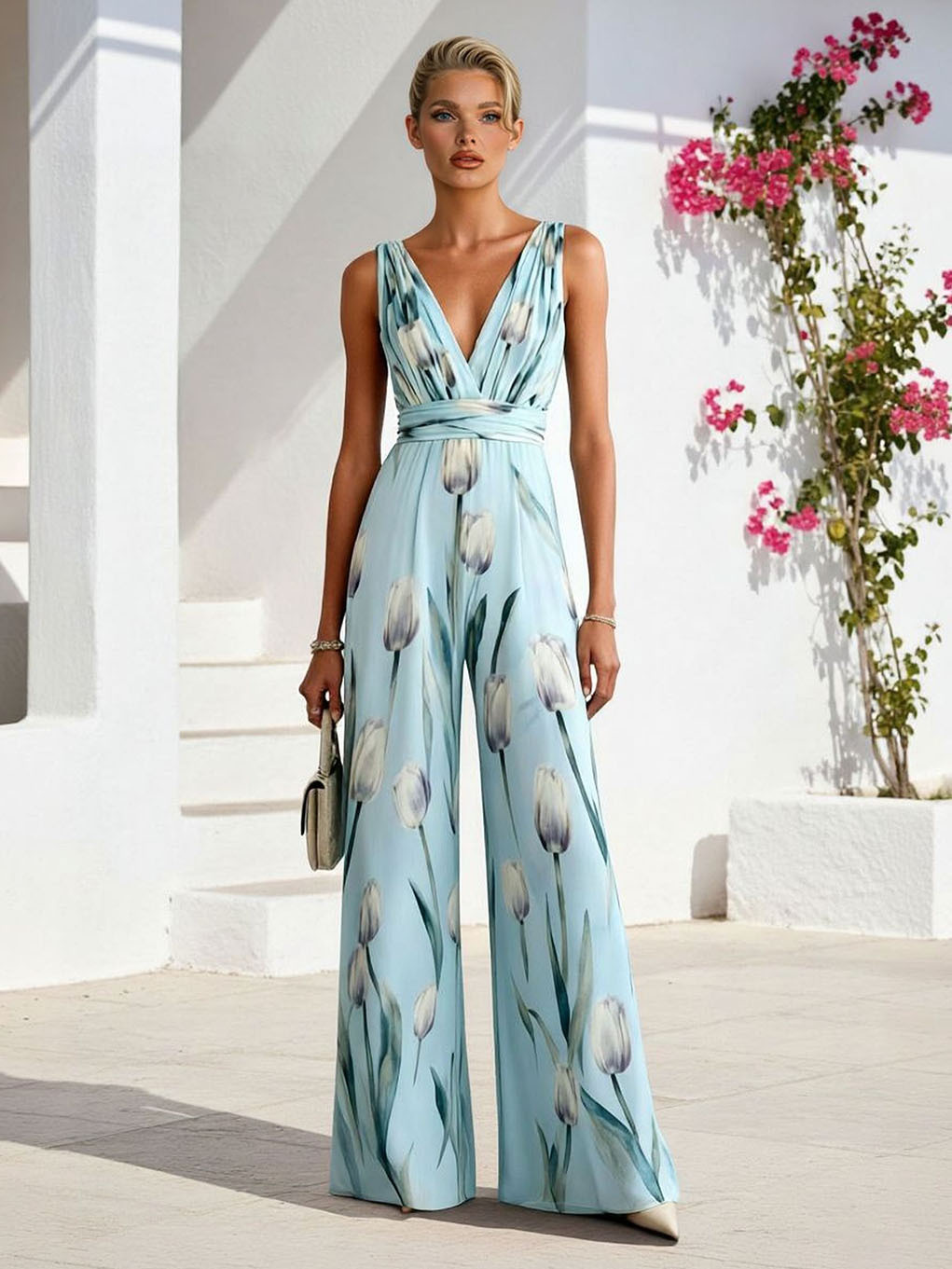 Elegant Floral Print V-Neck Wide-Leg Jumpsuit