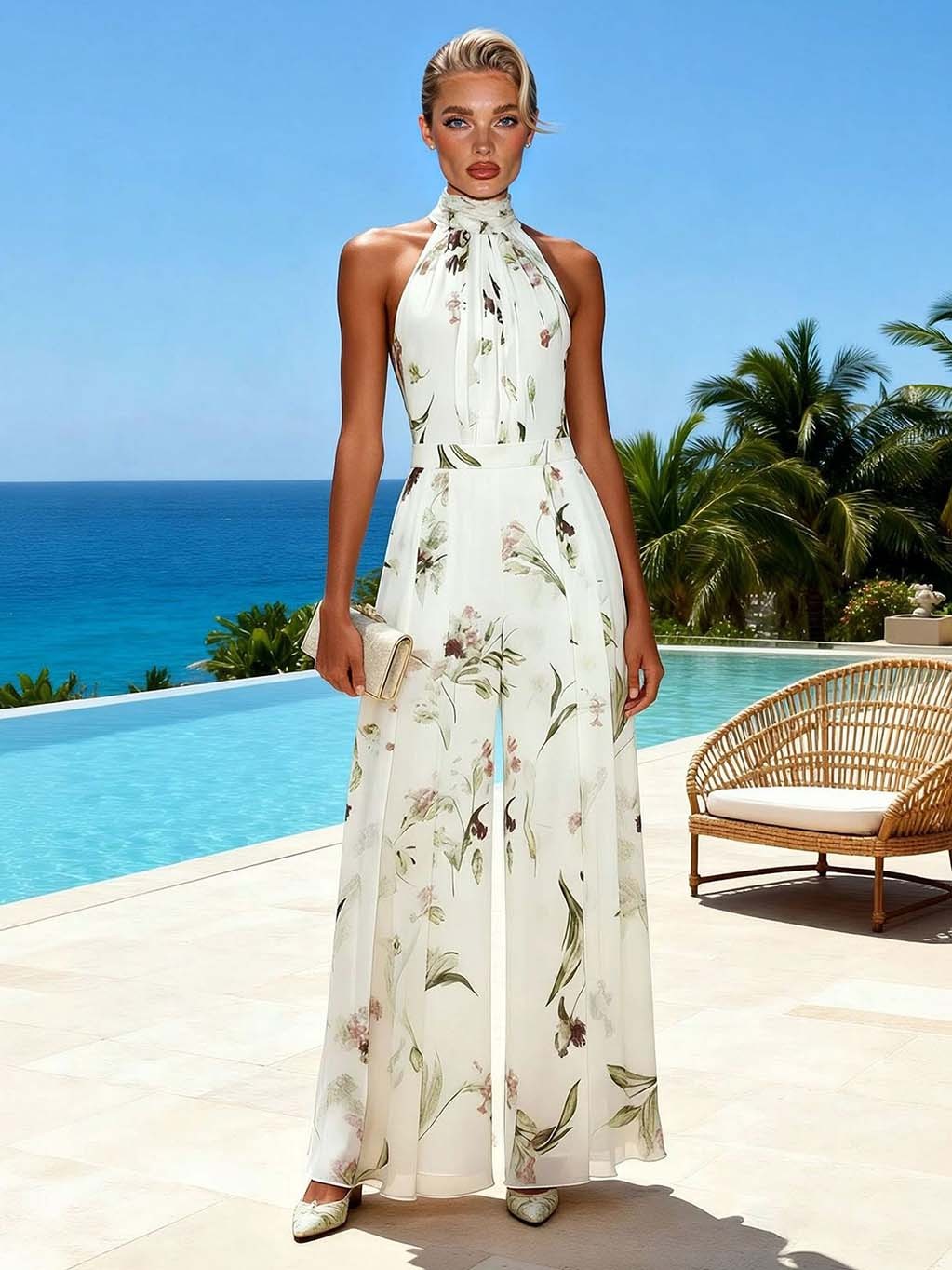 Elegant Print Halter Neck Wide-Leg Jumpsuit