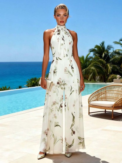 Elegant Print Halter Neck Wide-Leg Jumpsuit