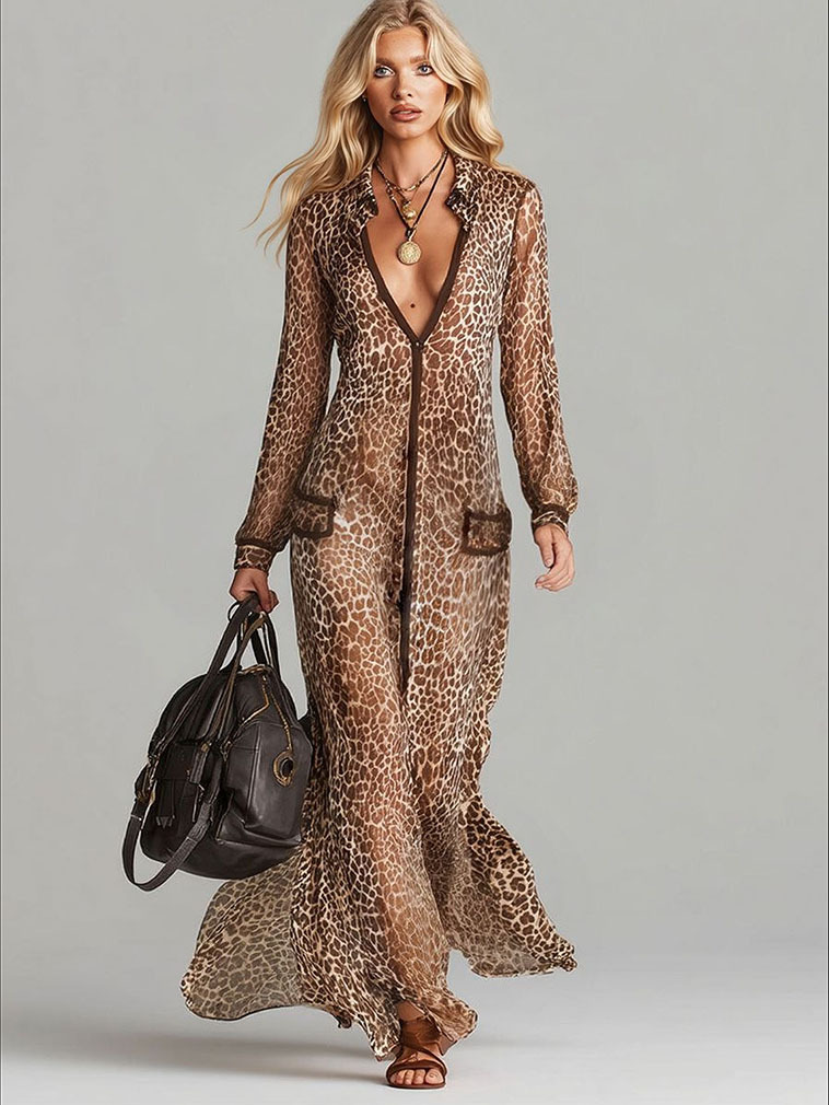 Elegant Chiffon Leopard Print Maxi Dress