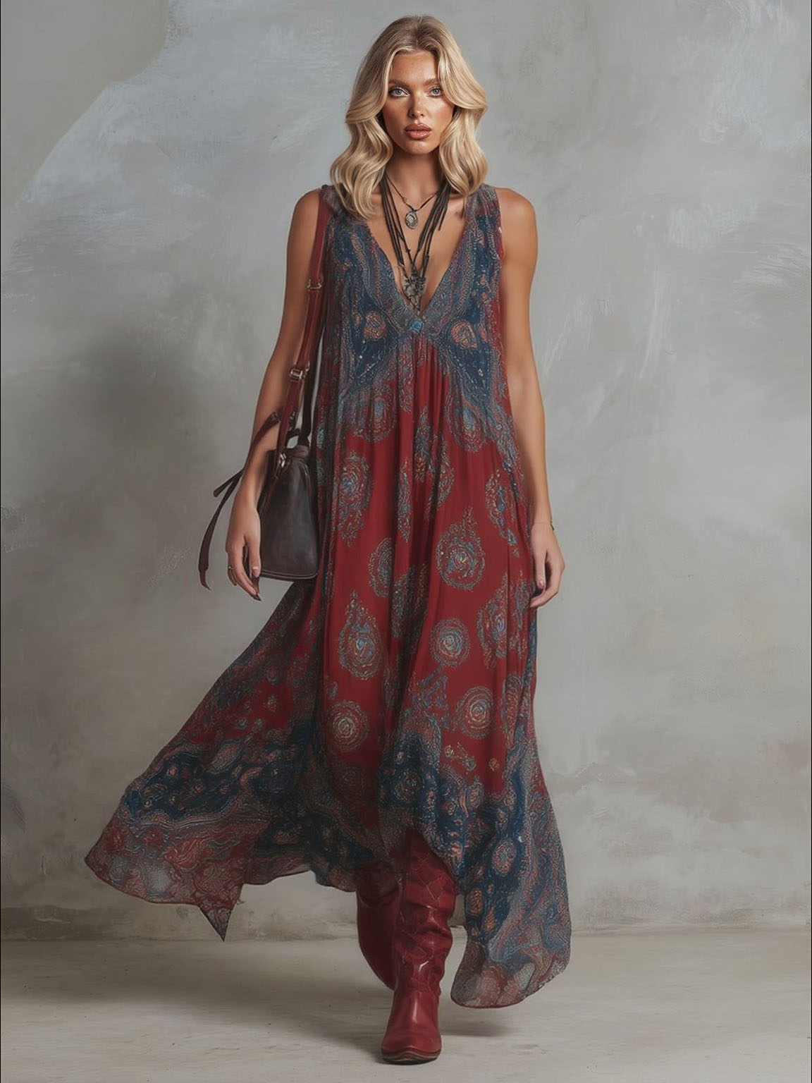 Bohemian Deep V-Neck Paisley Print Flowing Maxi Dress