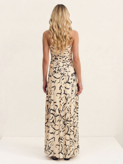 Elegant Strapless Abstract Brushstroke Print Flowy Maxi Dress