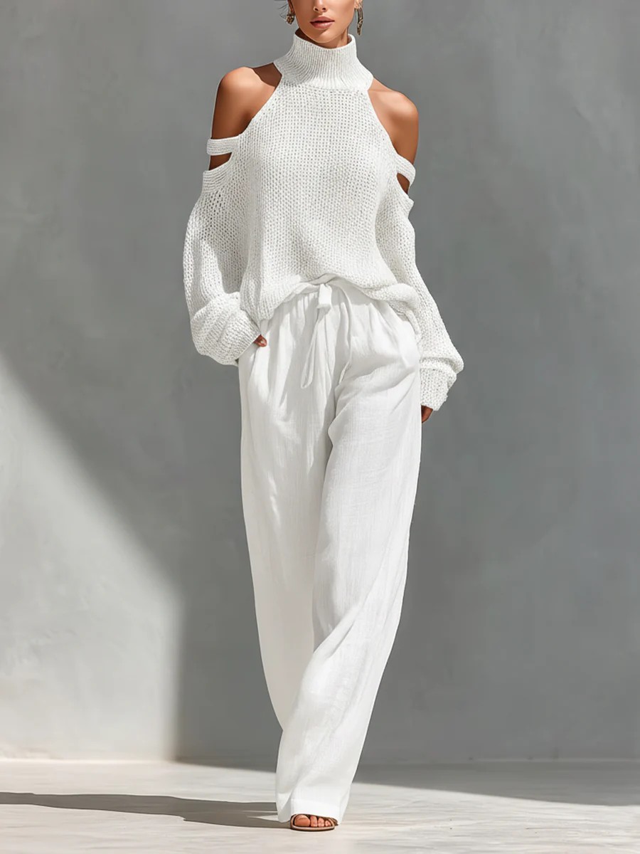 Casual Open-shoulder Knitted Top Wide-leg Pants Two-piece Set