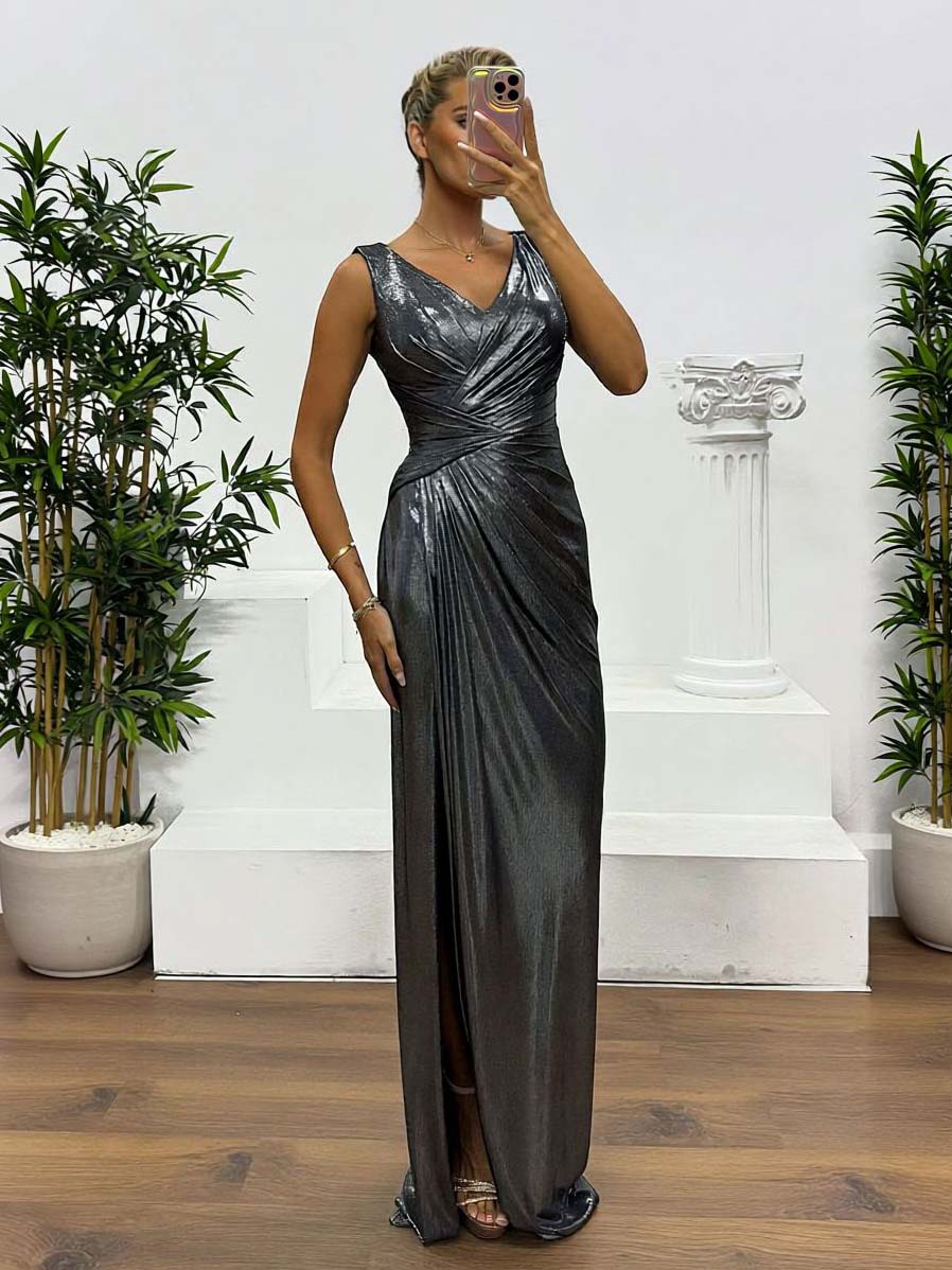 Elegant V-neck Draped Evening Gown Maxi Dress