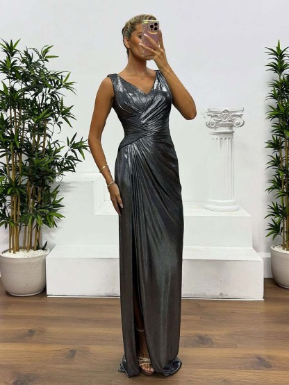 Elegant V-neck Draped Evening Gown Maxi Dress