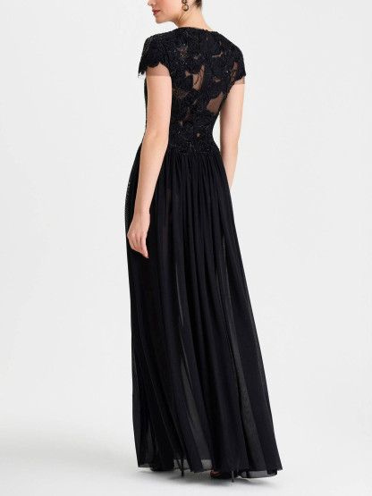 Elegant Sheer Neckline Floral Applique Evening Maxi Dress