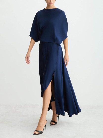 Elegant Satin Flowing Wrap Midi Dress